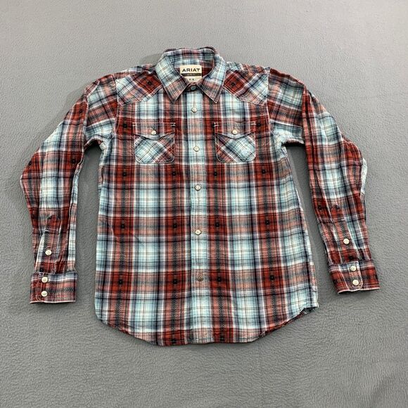 Ariat Button Up Shirt Boys Medium Multicolor Long Sleeve Flannel Plaid Retro Fit - Picture 1 of 16